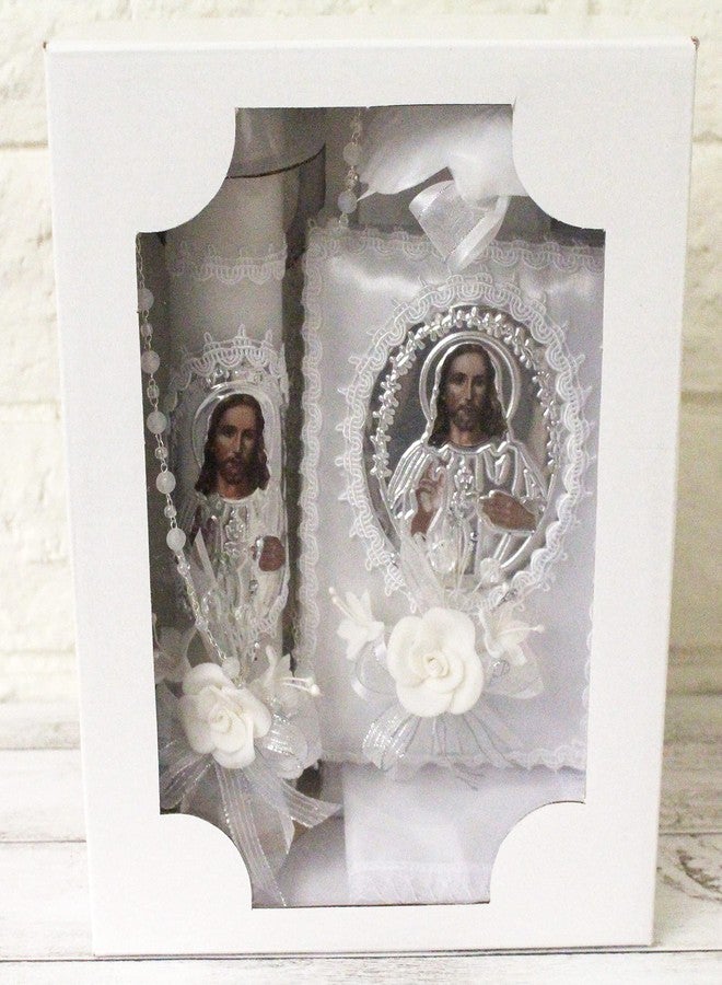 Ooki Elegant Handmade 5 Piece Jesus Foil Picture Lace Baptism Christening Shells Candle Set Favors Girl Boy White Set de Bautizo Espanol Nina Nino Berries Communion Lace Gift Box - Image 2
